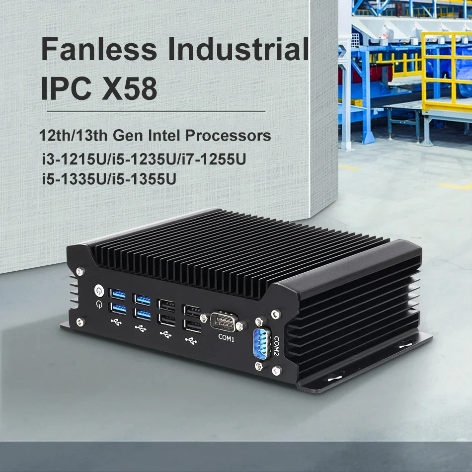 

Fanless Industrial Mini PC 13th Intel Core i7 1355U 1255U DDR5 M.2 SSD 2x COM RS232 2x LAN 8x USB WiFi SIM 4G LTE Windows Linux