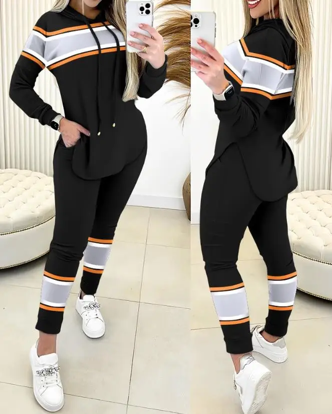 Women's Comfort Sports Set 2024 Spring Latest Casual Colorblock Slit Long Sleeved Hooded Drawstring Top&pocket Design Pants Set europe and america sell like hot cakes 3d colorful printing short sleeve t shirt suit men s retro sports fashion casual comfort