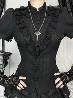 Sweet Lolita Cotton Shirts Women Vintage Gothic Black White Jacquard Short Sleeve Blouses Elegant Office Lady Y2k Tops - Image 2