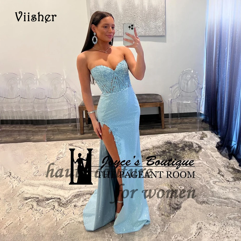 

Sky Blue Mermaid Evening Dresses with Slit Beaded Corset Sweetheart Prom Dress for Women Floor Length Formal Evening Gowns