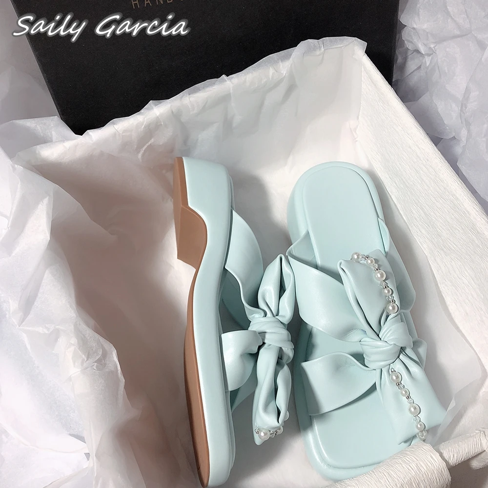 Open Toe With Pearl Butterfly Knot All-Match Slippers 2024 Summer Soft Bottom Outdoor Sandals Sweet Grace Hollow Casual Shoes