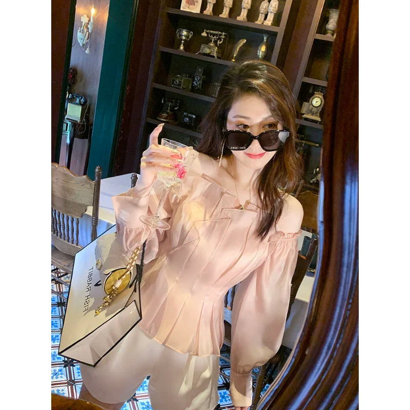 

Korean Fashion One Neck Long Sleeve T Shirt Women 2023 Autumn New High end Versatile Design Solid Casual T Shirt Female Tops
