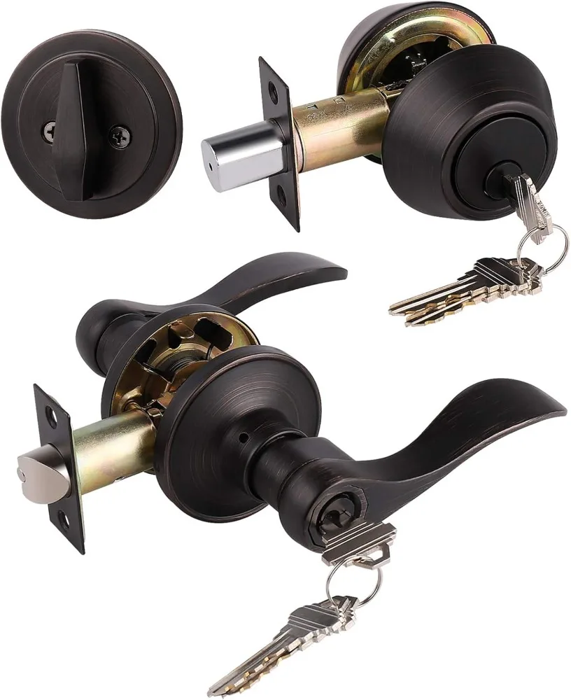 

Oil Rubbed Bronze Keyed-Alike Door Levers and Single Cylinder Deadbolts Combination Sets Locksets, with Same Key