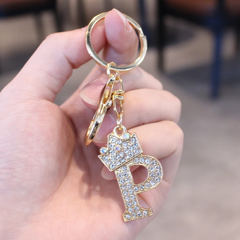 26 Initial Letter Rhinestone Keychain For Women Charm Crystal Crown Gold Plated Key Ring Bag Car Key Chains DIY Accessoreis