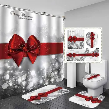 4Pcs Bathroom Accessaries Set Christmas Decor Shower Curtain Toilet Seat Cover Flannel Mat Bathroom Product Home Decor 3