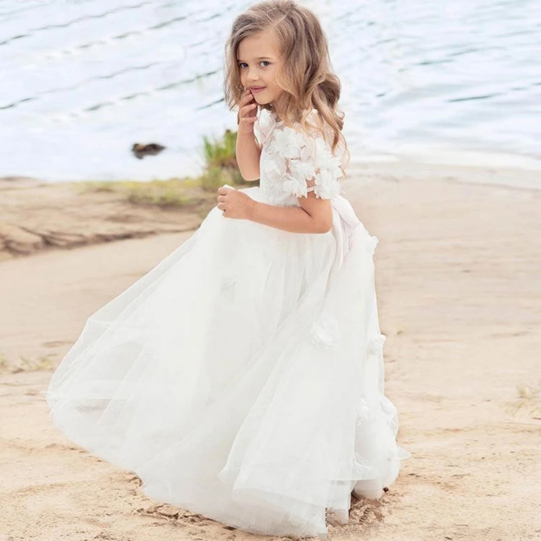 

Flower Girl Dresses For Wedding Holy Communion Gown Birthday Party Girl Lace Half Sleeve Applique Banquet Dress