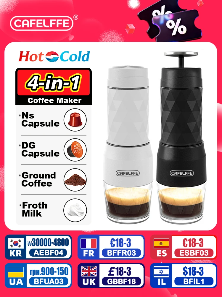 Cafelff - portable manual espresso machine, coffee machine with hot and cold water, capsule and ground, manual press, hiking and t...