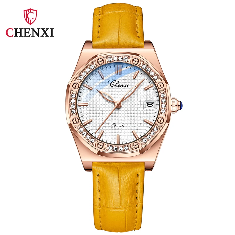 

CHENXI 2022 New Women Watches Top Brand Luxury Yellow Leather Wrist Watches For Women Rose Gold Female Waterproof Quartz Clock