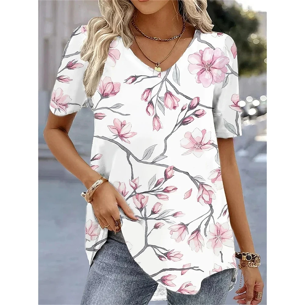 thumbnail image 1 of Blusas de moda para mujer, camiseta con estampado de flores en 3d, camiseta blanca Kawaii con cuello en V, ropa femenina, camisetas de verano de gran tamaño 2024, 1 of 5
