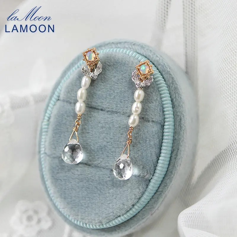 

LAMOON Vintage Gemstone Earrings For Women Natural Opal Freshwater Pearl White Crystal Drop Earring 925 Sterling Silver Bijou