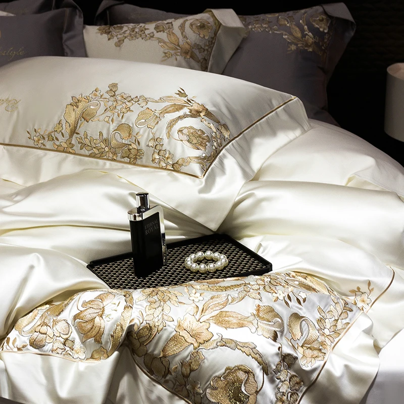 Gorgeous Gold Embroidery Brocade Egyptian Cotton Soft Glossy Bedding Set Duvet Cover Set Bed Sheet/Fitted Sheet Pillowcases 4Pcs 5