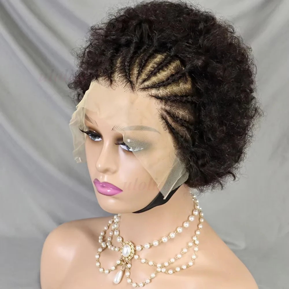 13x4 Lace Front Afro Short Curly Wig Human Hair Precolored Front Braided Afro Curly Human Hair Wig Brazilian Bouncy human hair wig