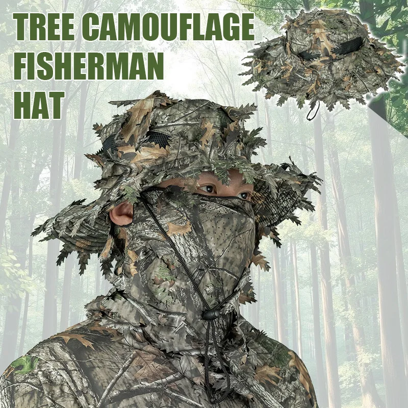 Outdoor Bionic Tree Hunting Bucket Hat Polyester Camping Hiking Hunting with 3D Maple Leaf Hidden Jungle Hat Sun Protection Cap