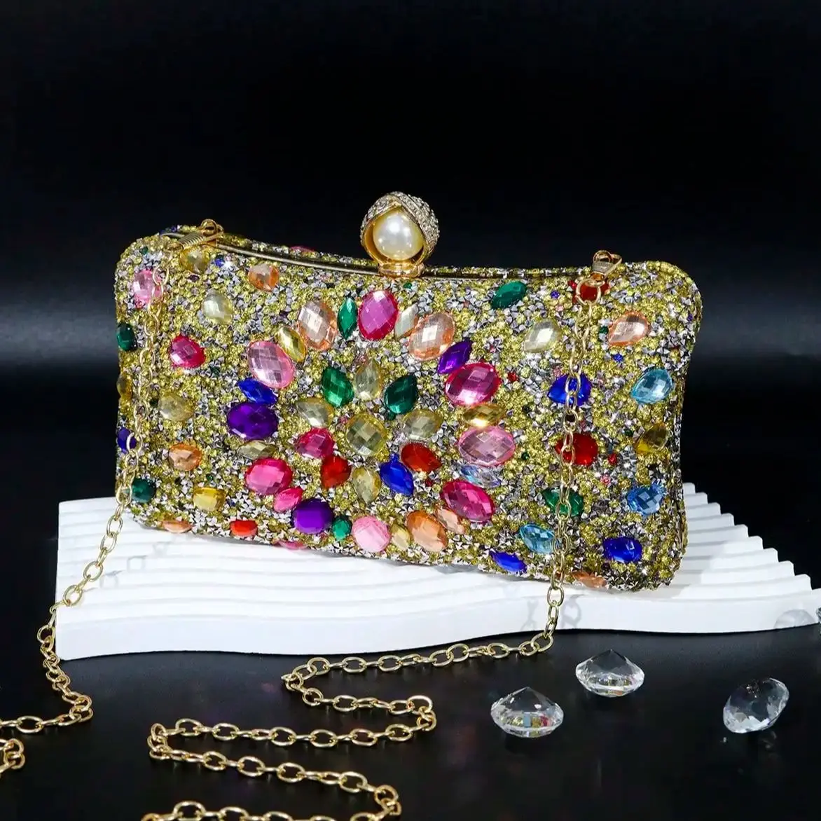 Golden Glitter Evening Bags for Women with Rhinestones and Acrylic Diamonds