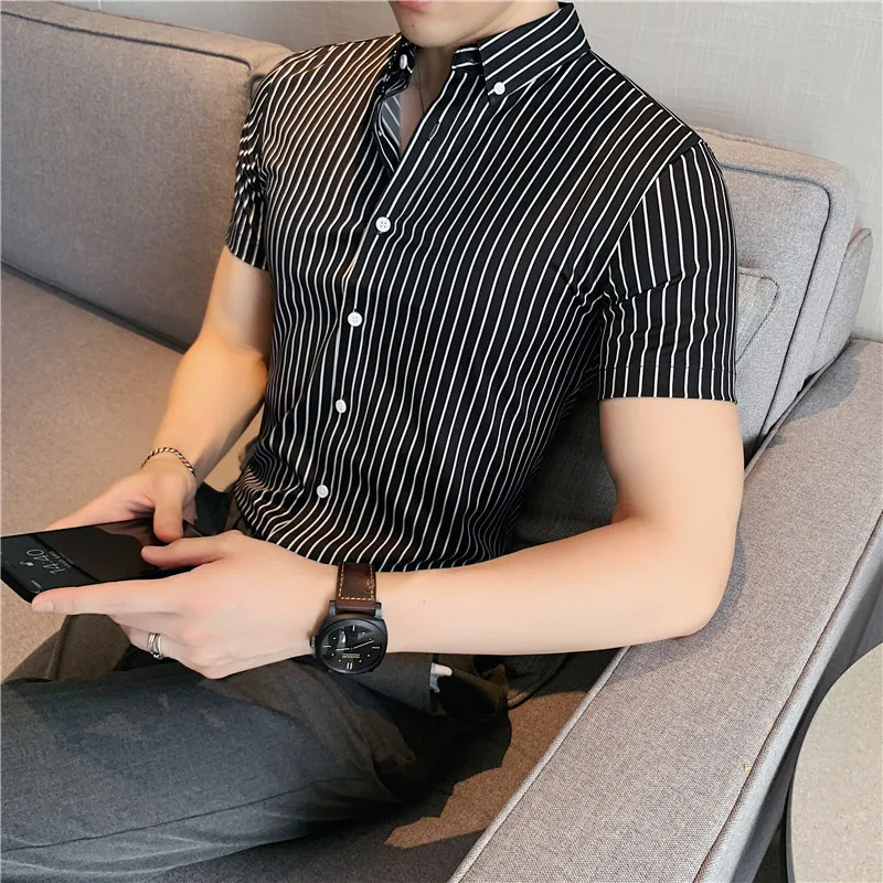 Plus Size 4XL-M Summer Thin Short Sleeve Striped Shirts For Men