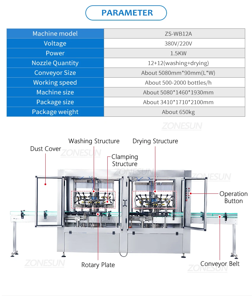 ZONESUN ZS-WB12A Full Automatic Pet Recycle 12 Heads Glass Bottle Washing Drying Machine Milk Rotary Wine Plastic Bottle