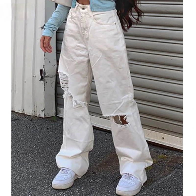 

Women Cargo Pants Fashion Ripped White Jeans High Streetwear High Waist Jeans Vintage Straight Leg Harajuku Boyfriend Denim Pant