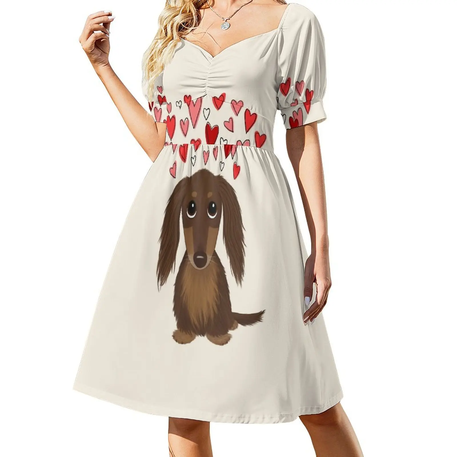 thumbnail image 1 of Vestido de noche para mujer, de manga corta, con diseño de perro salchicha de pelo largo color chocolate y corazones de San Valentín., 1 of 7