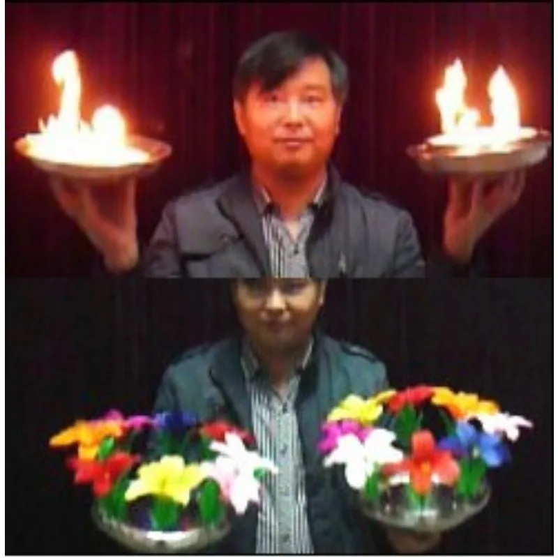 Double Flowers From Fire Pan Stage Magic Tricks Gimmicks Illusions Party Magic Show Professional Magicians Props Fire Magia Fun fire ignition hand operated wonder magic tricks props accessories stage illusions for professional magician trick magic gimmick