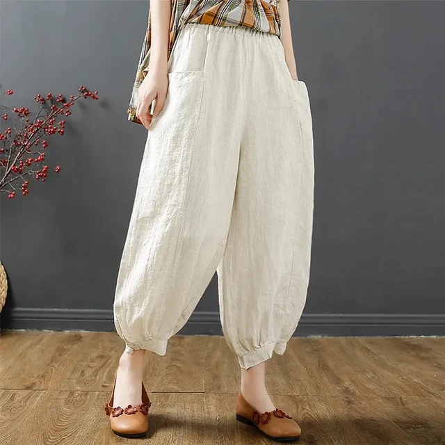 Solid Color Comfy Balloon Pants Linen Harem Pants for Senior Women