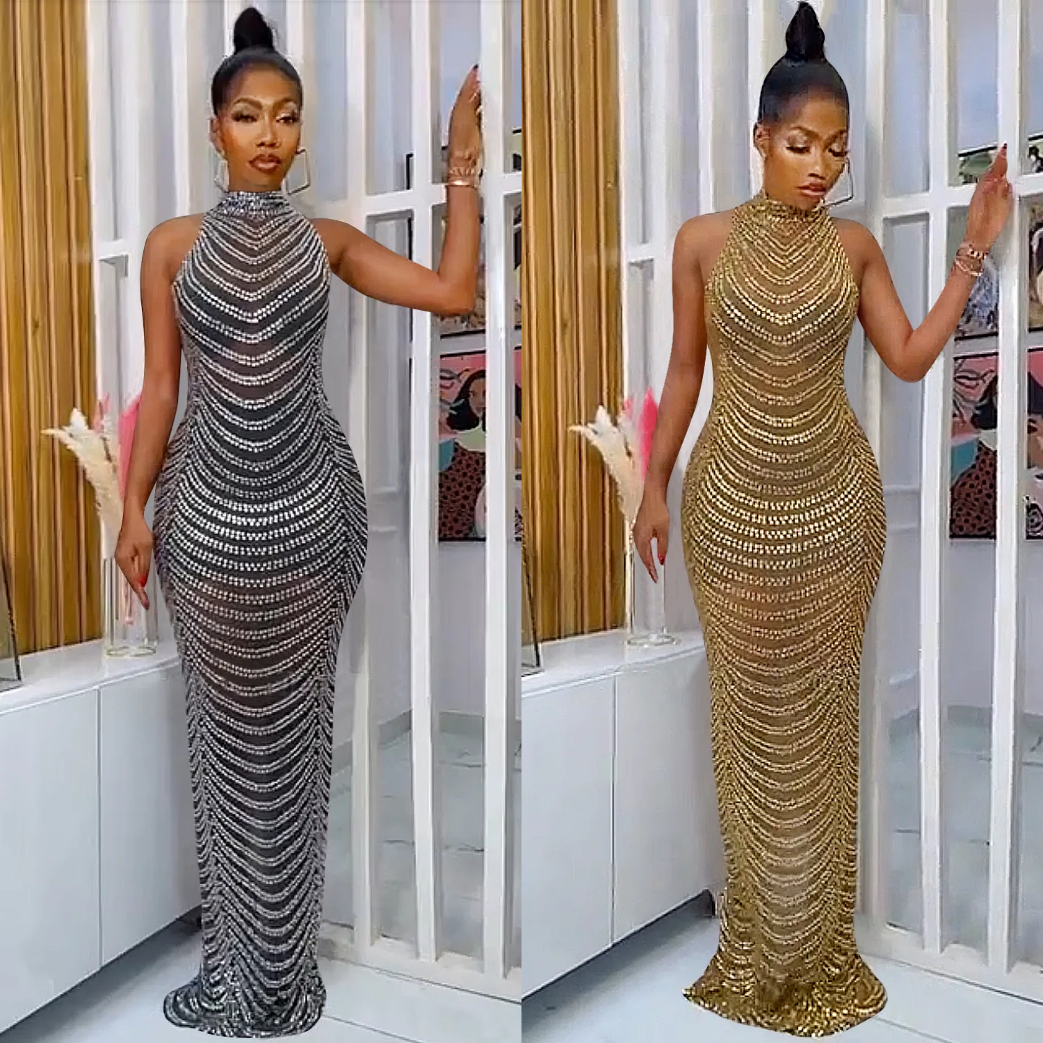 

2023 Summer African Women Wedding Evening Backless Mesh See Through Night Club Maxi Dress Black Gold African Dresses for Women