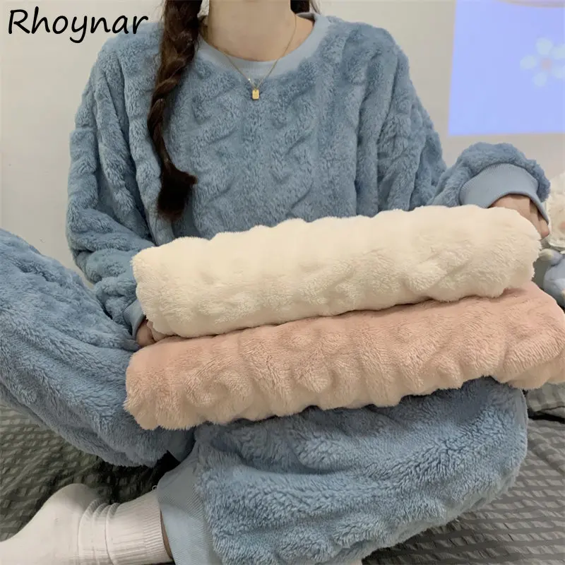 

Пижамный комплект Женский из двух предметов, одежда для сна с мешковатым круглым вырезом, удобная Утепленная зимняя Минималистичная модная шикарная уютная в Корейском стиле
