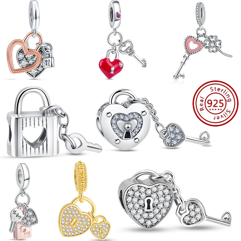 

Authentic 925 Sterling Silver Lock Key Series Charms Sparkling Beads Fit Original Pandora Bracelets For Woman DIY Jewelry Making