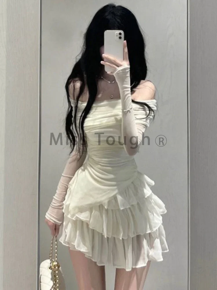 Frence Fairy Two Pieces Set Women Slash Neck Elegant Slim Party Skirt Suit Female Korean Sexy Tops + Sweet Cake Skirts 2024 New