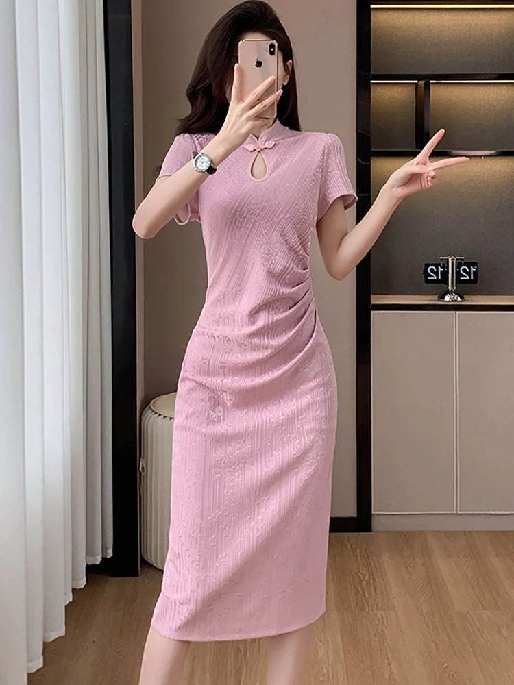 2025 Pink Jacquard Chic Pleated Bodycon Dresses Women Short