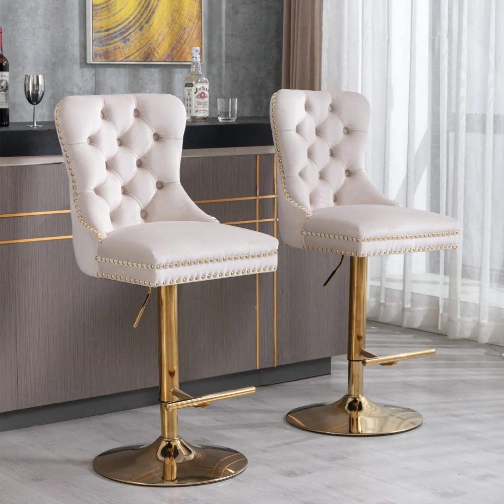 

A&A Furniture,Thick Golden Swivel Velvet Barstools Adjusatble Seat Height from 27-35 Inch, Modern Upholstered Bar Stools