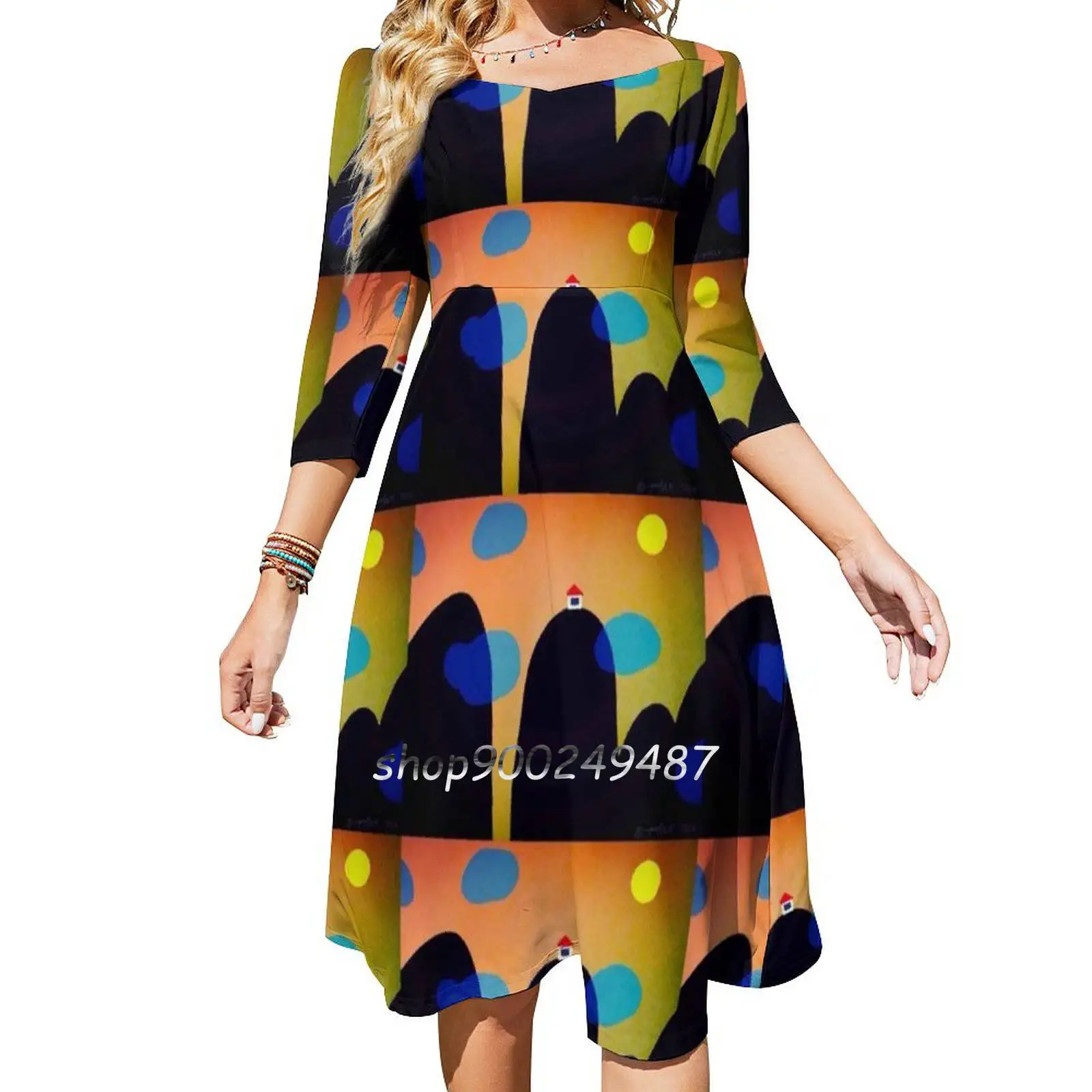 

Dream House Sweetheart Knot Flared Dress Fashion Design Large Size Loose Dress Dream House Fun Sunset Cartoon Graphic Humorous