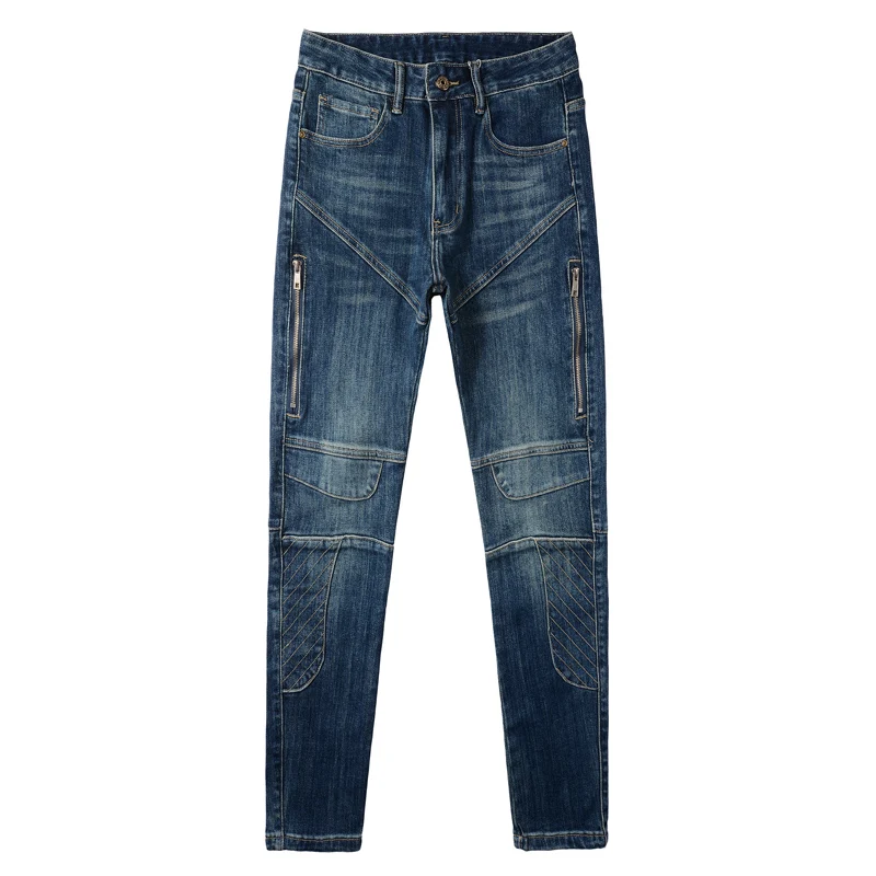 High Street Fashion Men Jeans Retro Blue Elastic Slim Fit Spliced Biker Jeans Men Patched Designer Zipper Hip Hop Pants Hombre