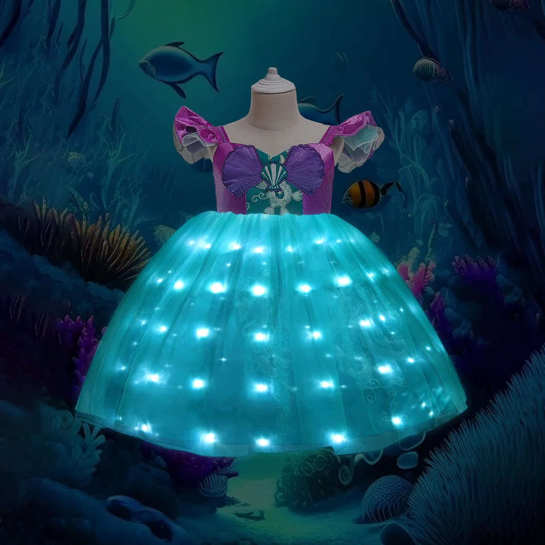 

Little Mermaid Costume For Girls Ariel Gown Party LED Dress Cosplay Princess Ariel Dress Birthday Anime Costume Xmas Gift