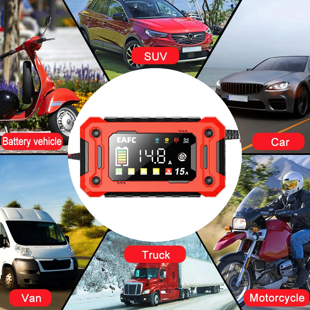 Smart 12V 15A Battery Charger with Large LCD Display for Various Vehicles and Battery Types