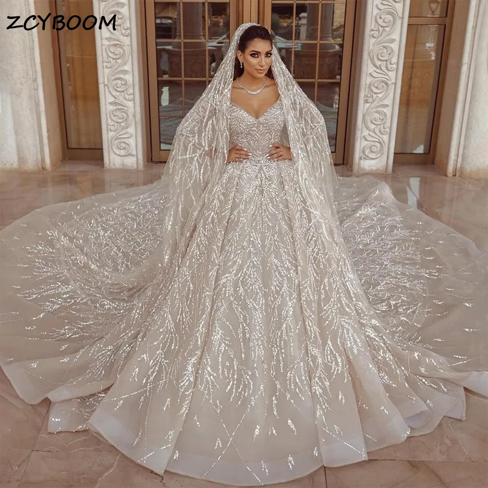 

Luxury V-Neck Sparkly Sequined Ball Gown Wedding Dresses 2024 Princess Dubai Arabian Long Sleeves Bridal Gowns Vestidos De Novia