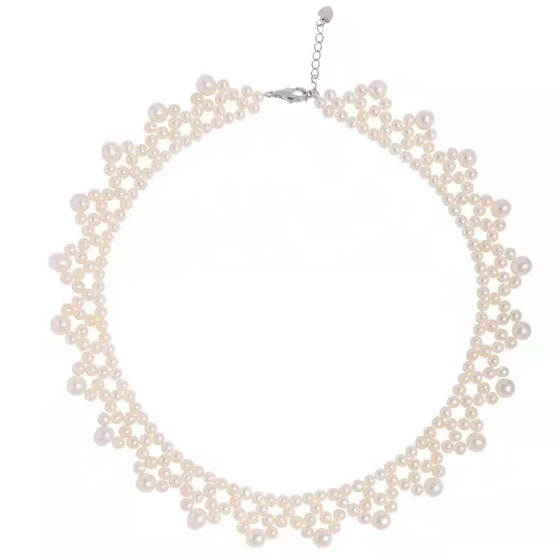 

Woman 100% Handmade Custom Natural Hot Sale Lace real perfect round Pearl beaded Necklace women Silver 925 Choker For Wedding