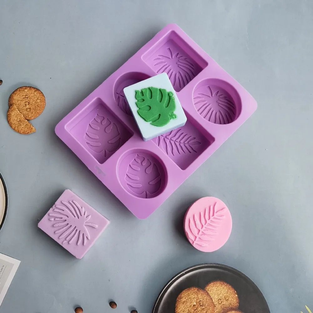 6 Cavity Oval Square Soap Mold Silicone Handmade Craft Soap Making Various Plant Leaves Bathing Tools