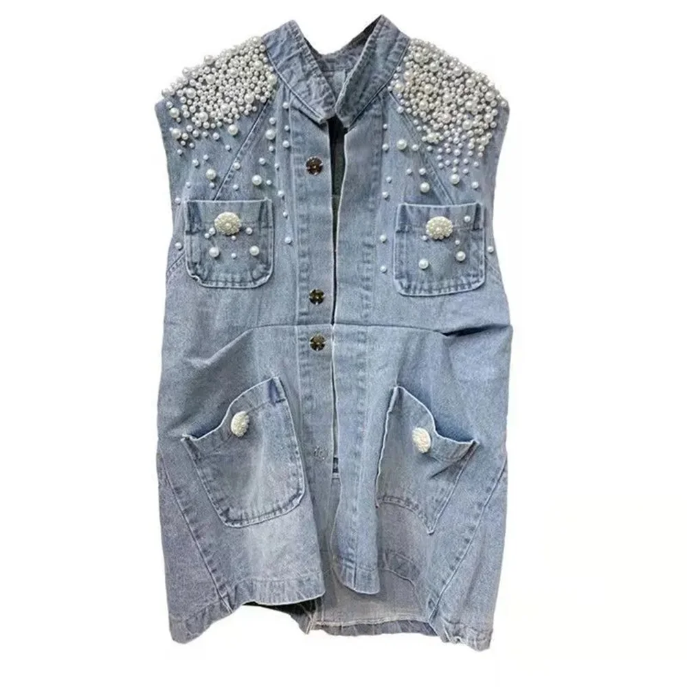 

Luxury Pearls Women Denim Vest 2023 new Harajuku Loose Pocket Sleeveless Jeans Jacket Woman Summer Fashion Cowboy Waistcoat