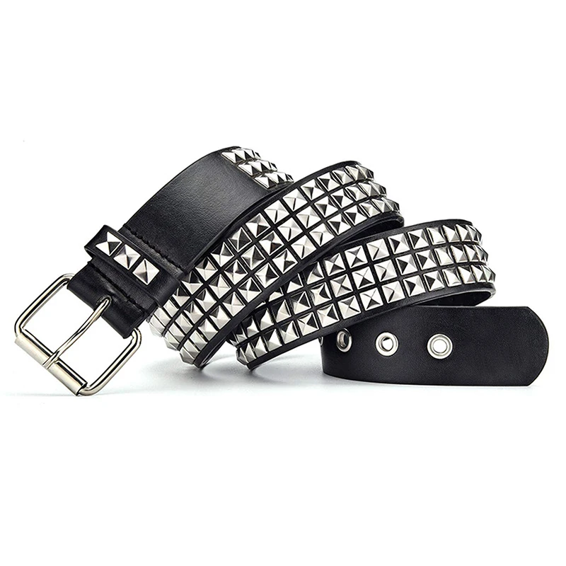 Studded Belt Men Women Punk Pyramid Square Buckle Chain Belt Bonded Leather Rivet Black Leather Belt Waistband For Jeans