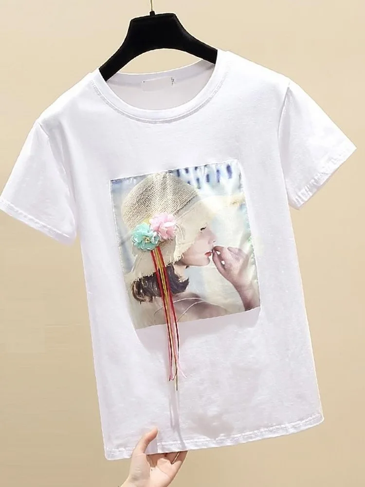 

TuangBiang Summer 2022 3D Flowers Appliques Female Tee O-Neck Cotton Fashion Women T-Shirts Short Sleeve White Tassel Loose Tops