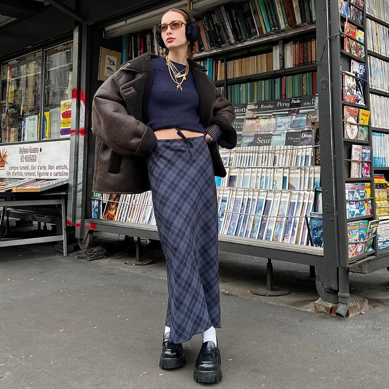

Lygens Plaid Print Drawstring Tube High Waisted Women'S Skirts Preppy Y2K Wholesale Fashion Winter Vacation Casual Clothing