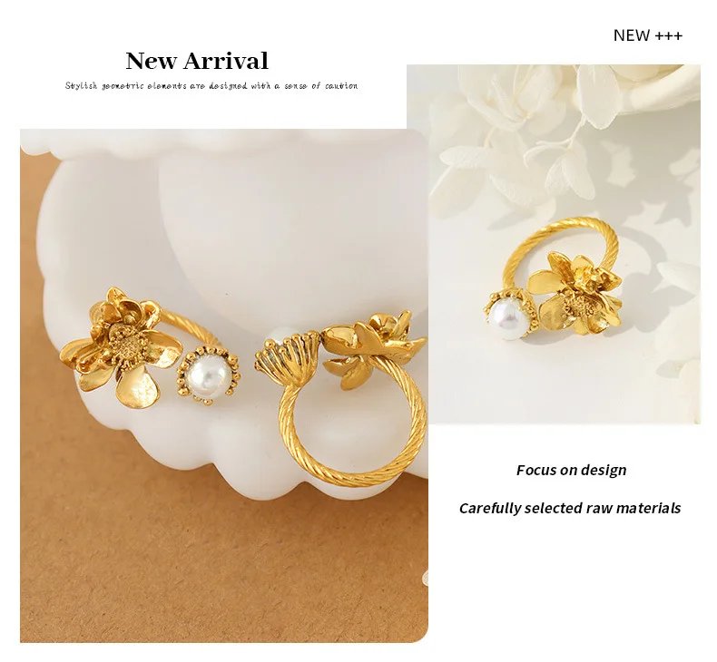 Französischer Retro-Blumenring für Damen, Messingmaterial, eingelegte Kunststoffperlen, hochwertiger, eleganter Ring, Anillos Para Pareja Y2k – Detail 8