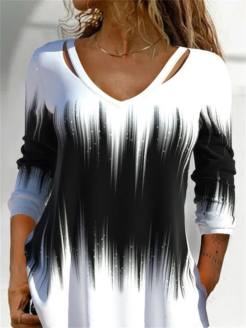

Fashion Tie Dye Gradient Print T-Shirt Women Hollow Out V Neck Elegant Commuter Tees Female Summer Long Sleeve Slim Fit Tops New