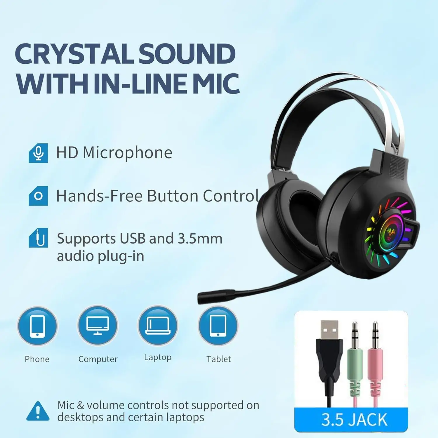USB 유선 헤드 장착형 게임용 헤드폰 음악 헤드셋 PS4 플레이 스테이션 4 노트북 컴퓨터 3.5mm 잭 이어폰 (마이크 포함)