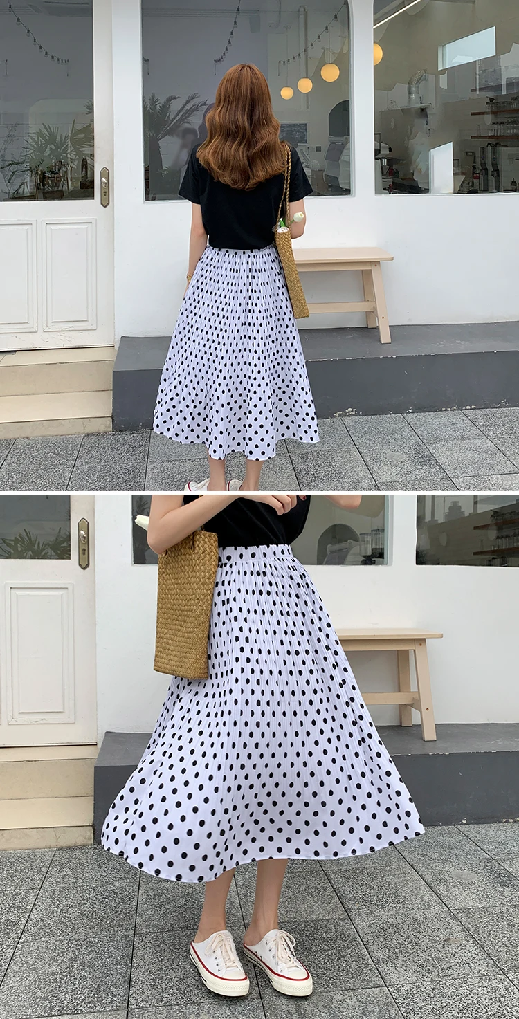 New All-match Elastic Waist Pleated Polka Dot Skirt Mid-length Summer French Retro Style Women's High Waist Slim Skirt skater skirt