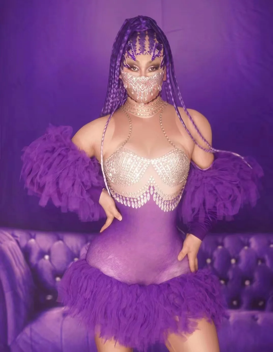 female performance costumes European American modeling stage photography Cha Cha Latin purple