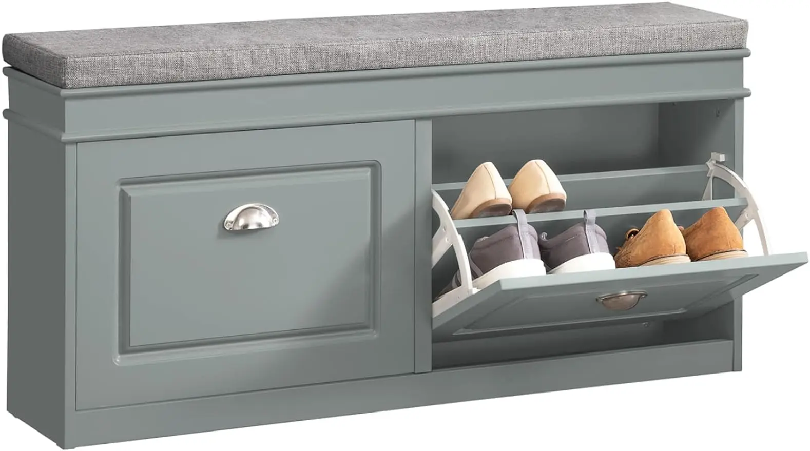 

Grey Storage Bench with Drawers & Padded Seat Cushion, Hallway Bench Shoe Cabinet Shoe Bench