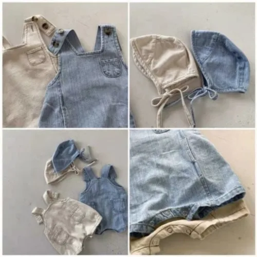 

2023 Korean Summer Infant Boy Romper Cotton Denim Sleeveless Solid Suspenders Jumpsuit Button Sling Toddler Boys Outfit
