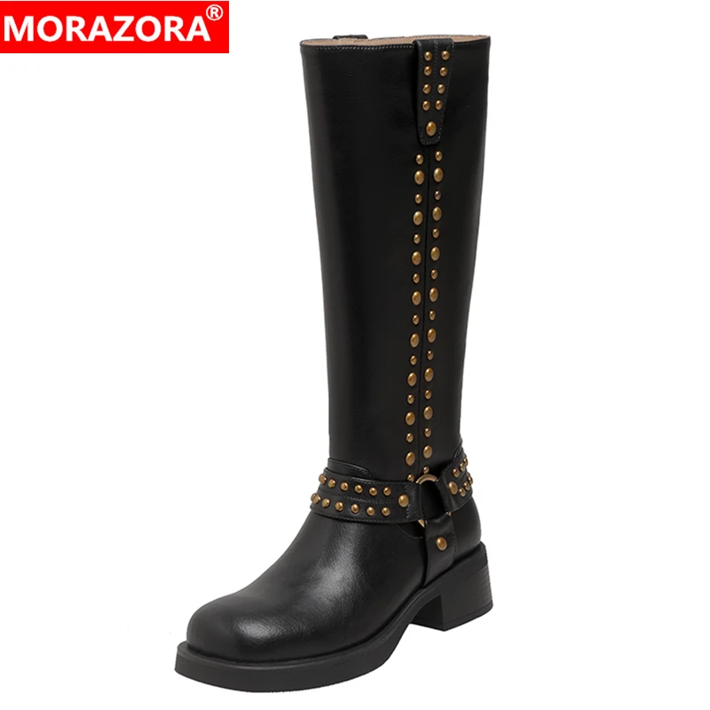 

MORAZORA 2023 New Genuine Leather Boots Women Rivets Punk Knee High Boots Autumn Knight Western Boots Black Brown Ladies Shoes