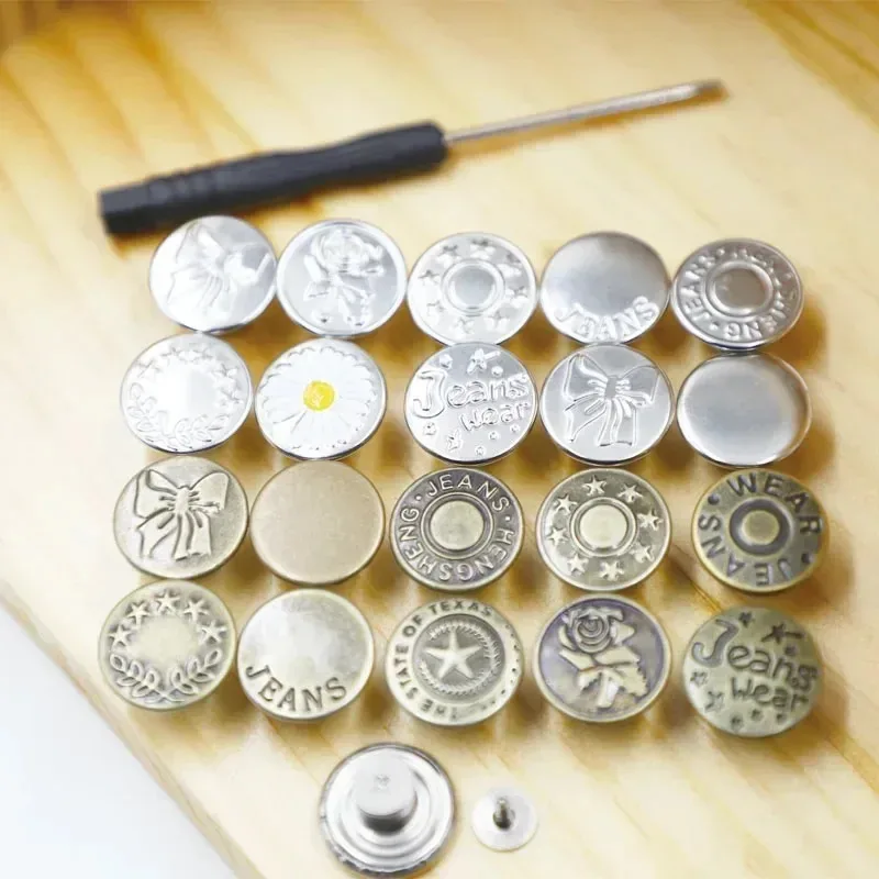 10/20/30pcs 드라이버가있는 청바지 단추 의류 바지 바느질 액세서리 허리 버클 17mm 네일 프리 허리 확장 버튼